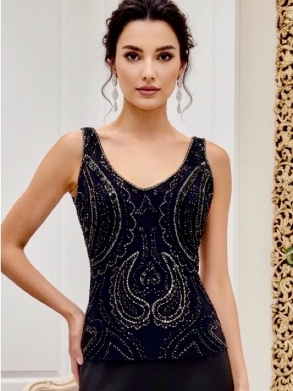 Embellished Black hand Beaded V-Neck stretch tank style Top stretch mesh fabric